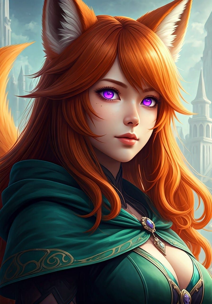 Mystical Kitsune Sorceress in Whimsical Fantasy City