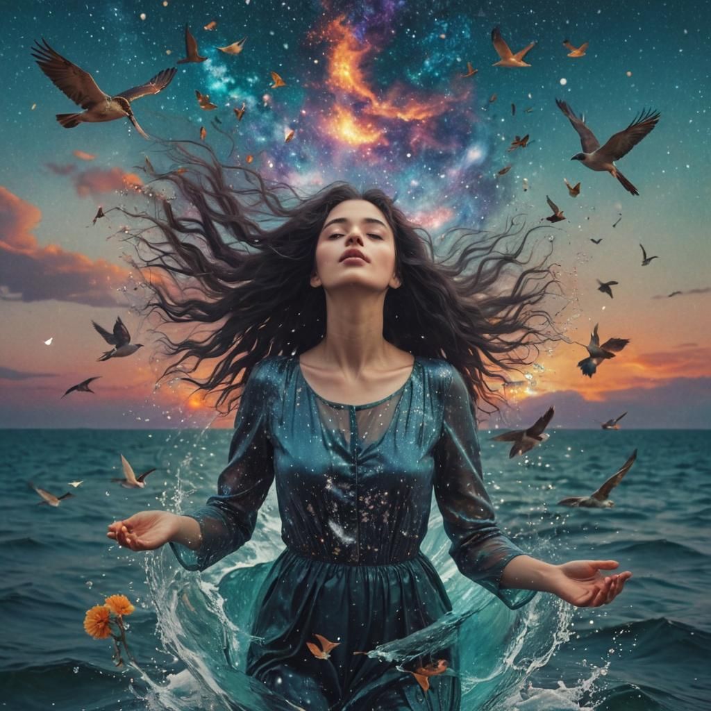 Woman Holds Galaxy in Surreal Digital Art Collage