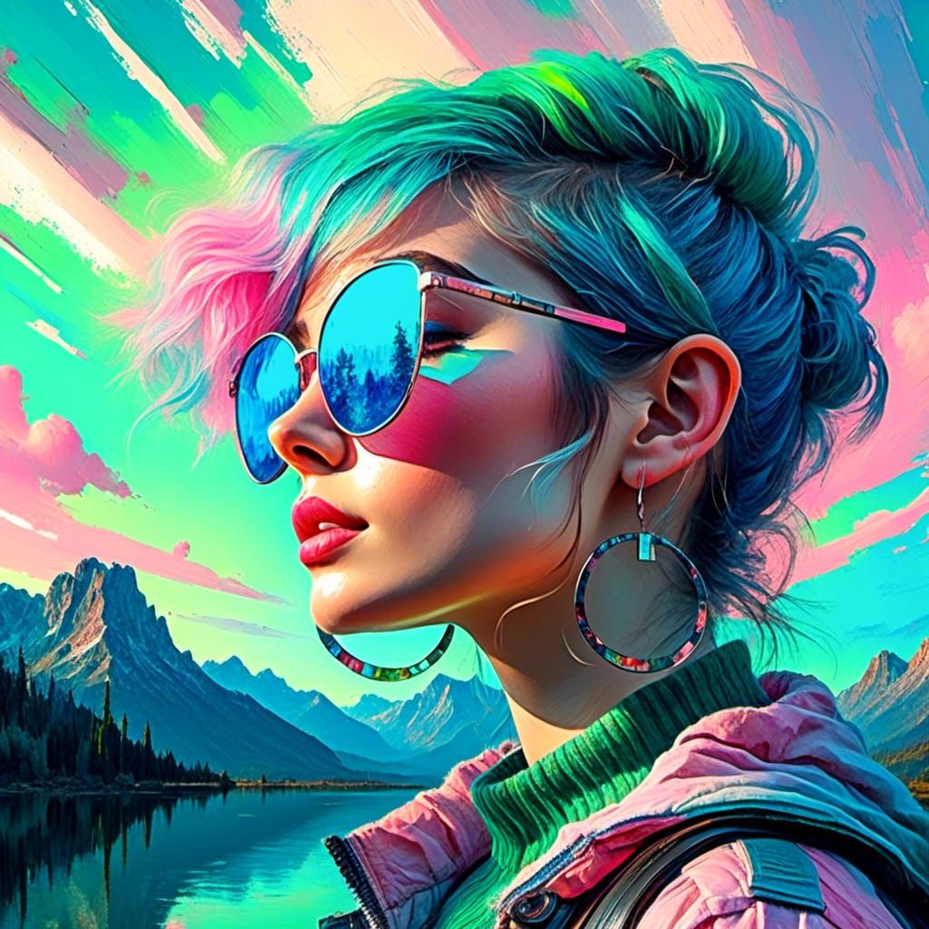 Vaporwave Pin-Up Girl in Double Exposure Watercolor