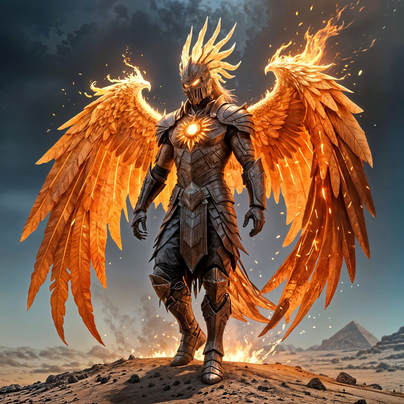 Fire Phoenix Warrior in Desert Landscape