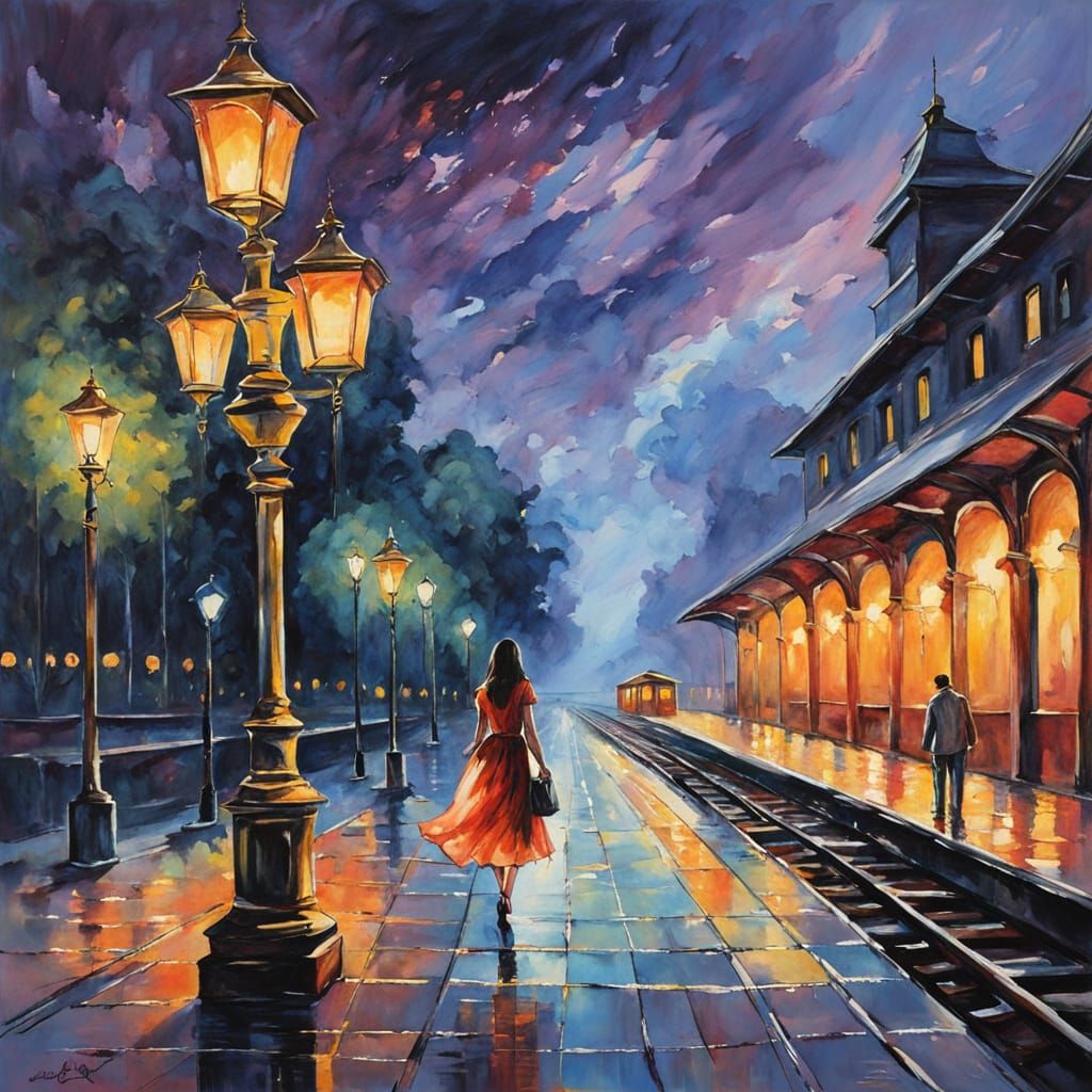 Romantic Twilight Encounter at Deserted Train Station