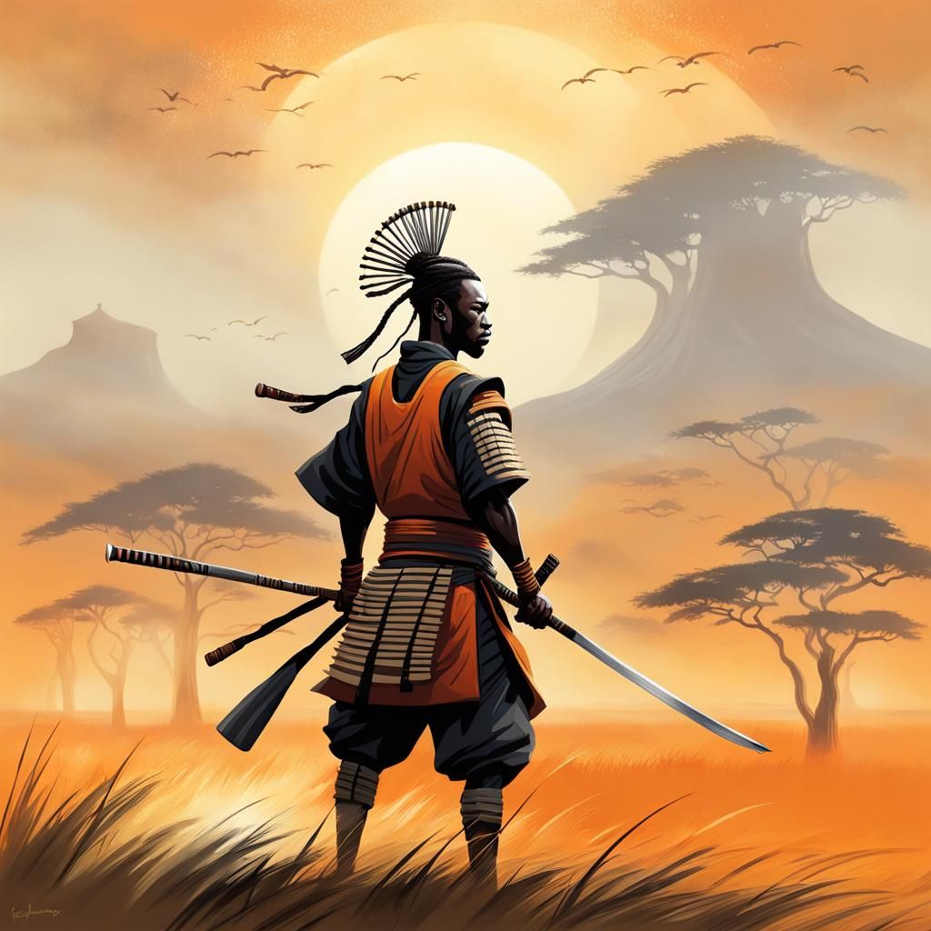 African Samurai on the Savanna in Painterly Style