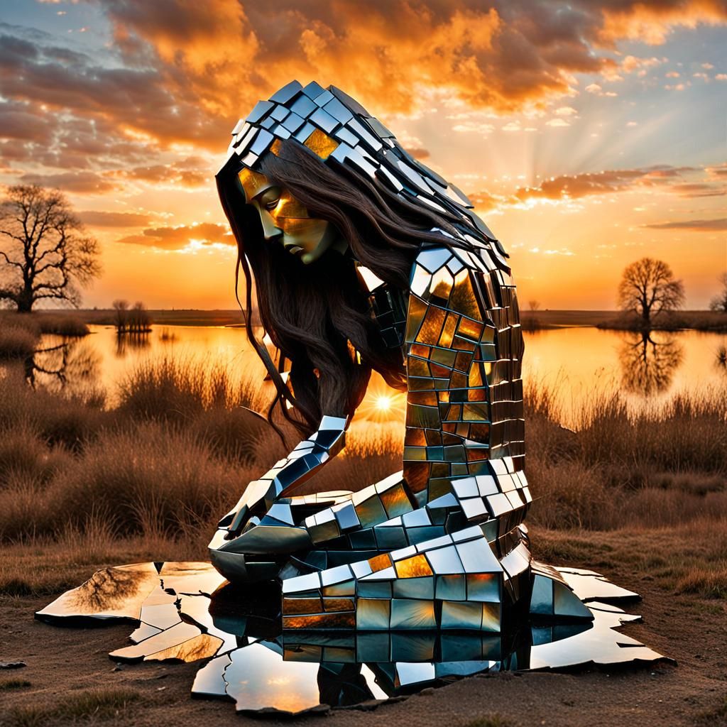 Surreal Fragmented Sculpture of Woman by Sunset
