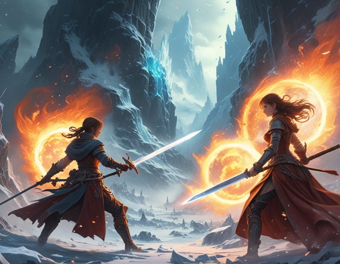 Epic Clash of Elemental Swords in a Frozen Landscape