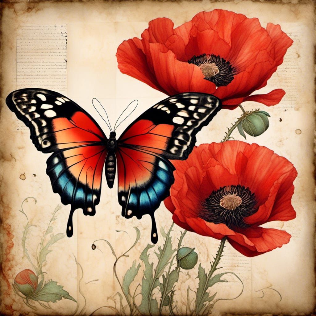 Butterflies and Red Poppies Watercolor Art