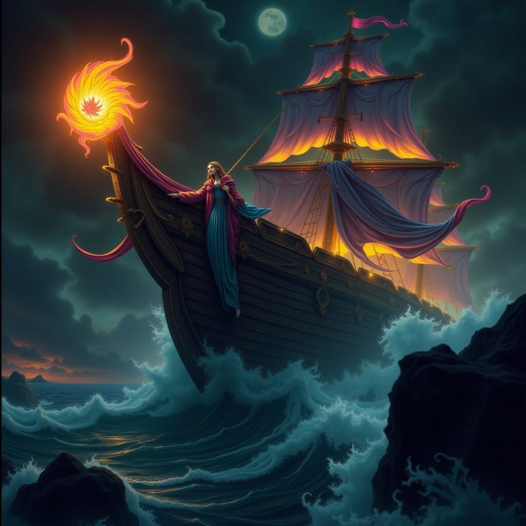 Mystical Sailor Navigating Treacherous Waters in Dark Fantas...