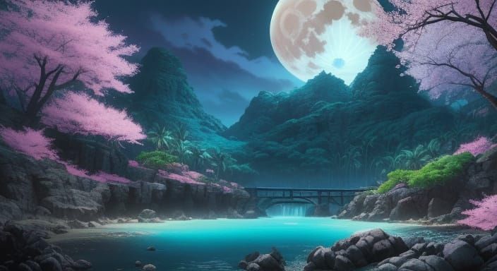 Tropical Fantasy Landscape in Vintage Anime Style