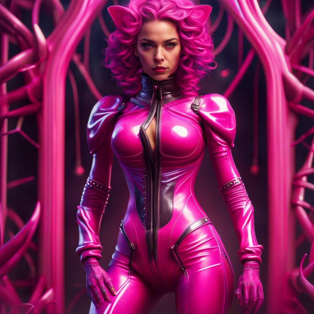 Pink Latex Catsuit in Hyperrealistic Style