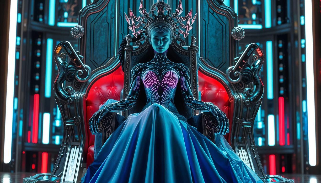 Android Queen on Throne in Cyberpunk Style