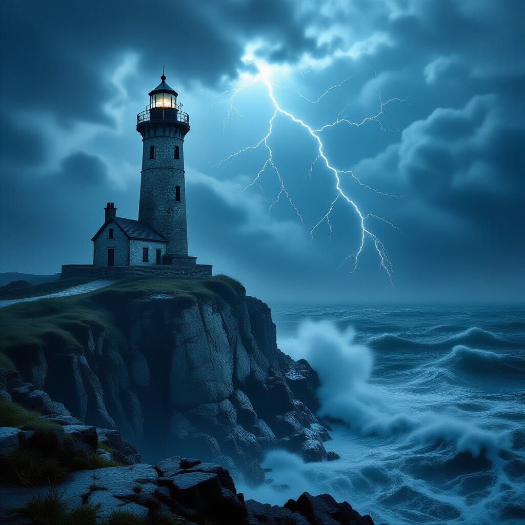 Weathered Lighthouse on Stormy Sea with Gothic Horror Atmosp...