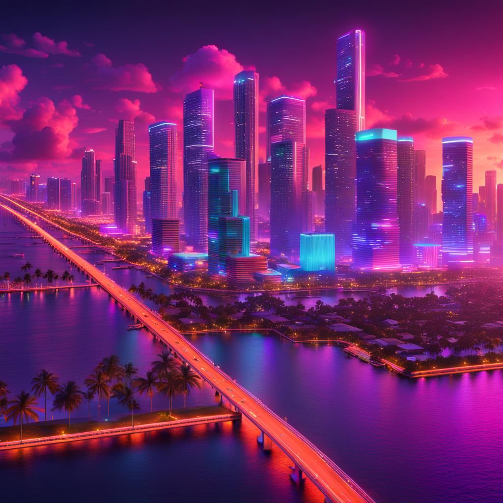 Neon Miami Skyline: Detailed Digital Painting