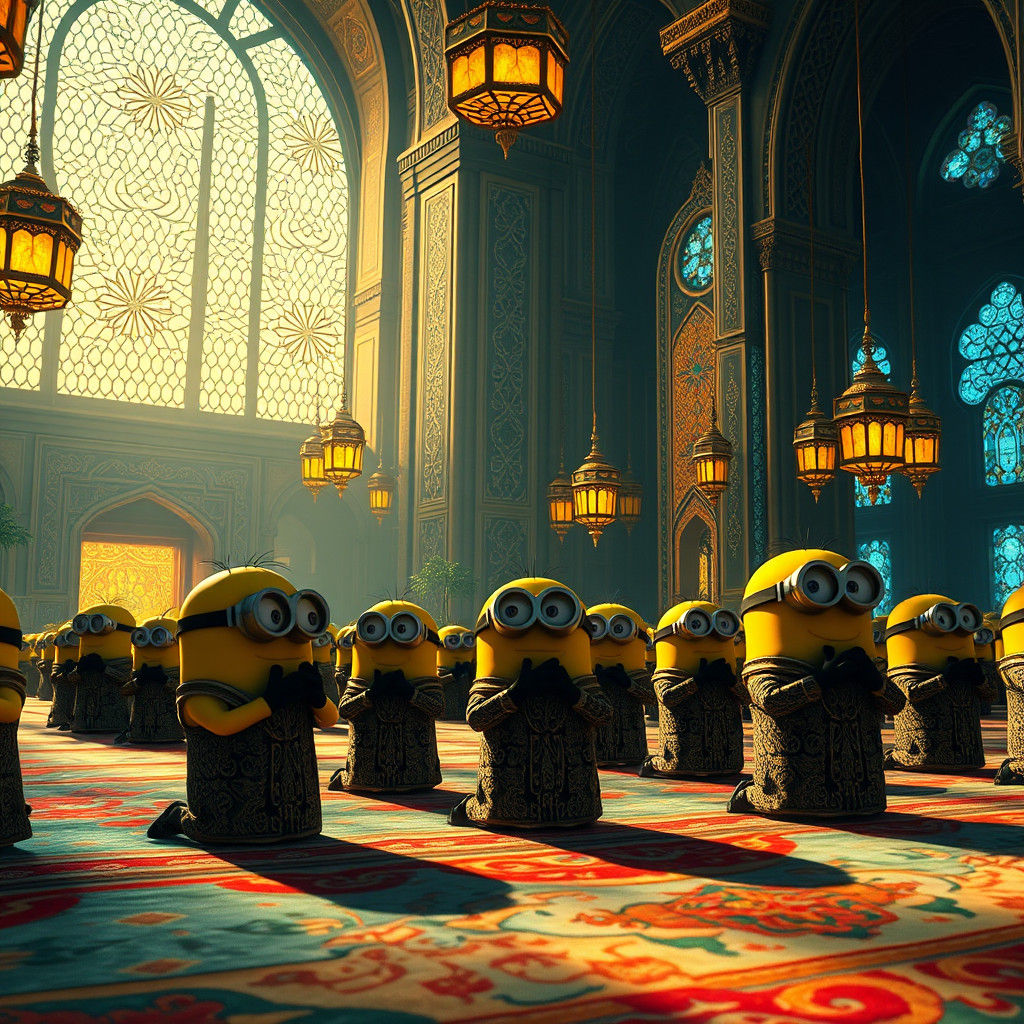 Minions Praying in Ornate Mosque: Photorealistic Render