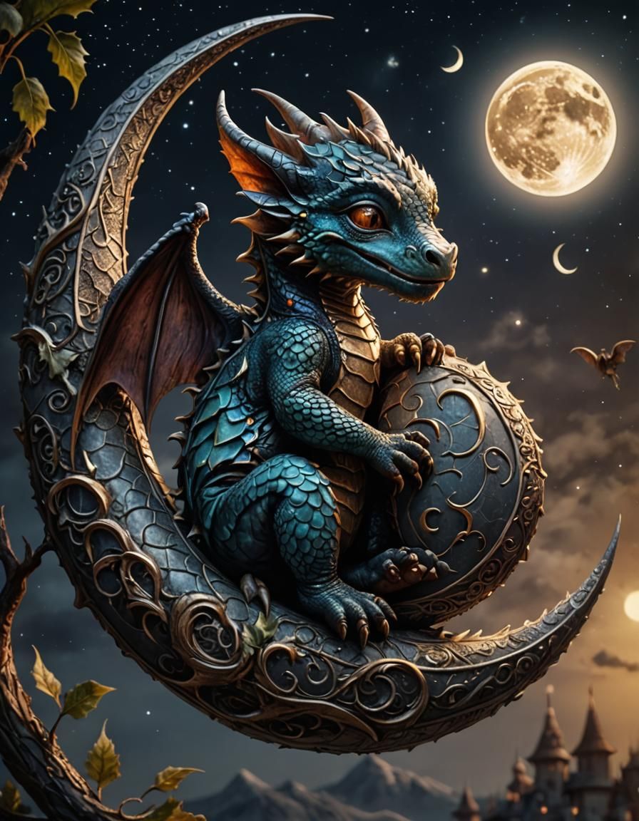 Cute Baby Dragon Sleeping on Crescent Moon