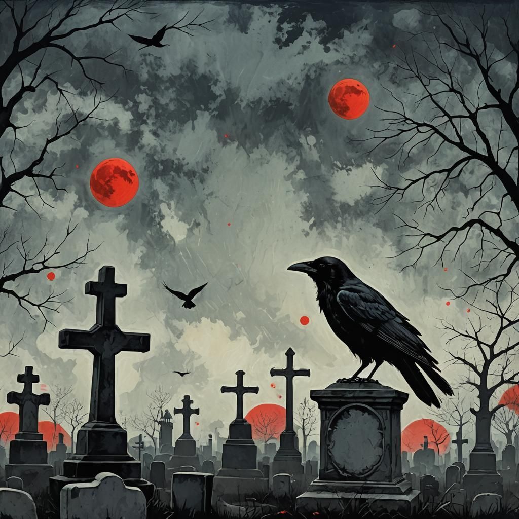 Graveyard Crow Under Red Moon: Abstract Art
