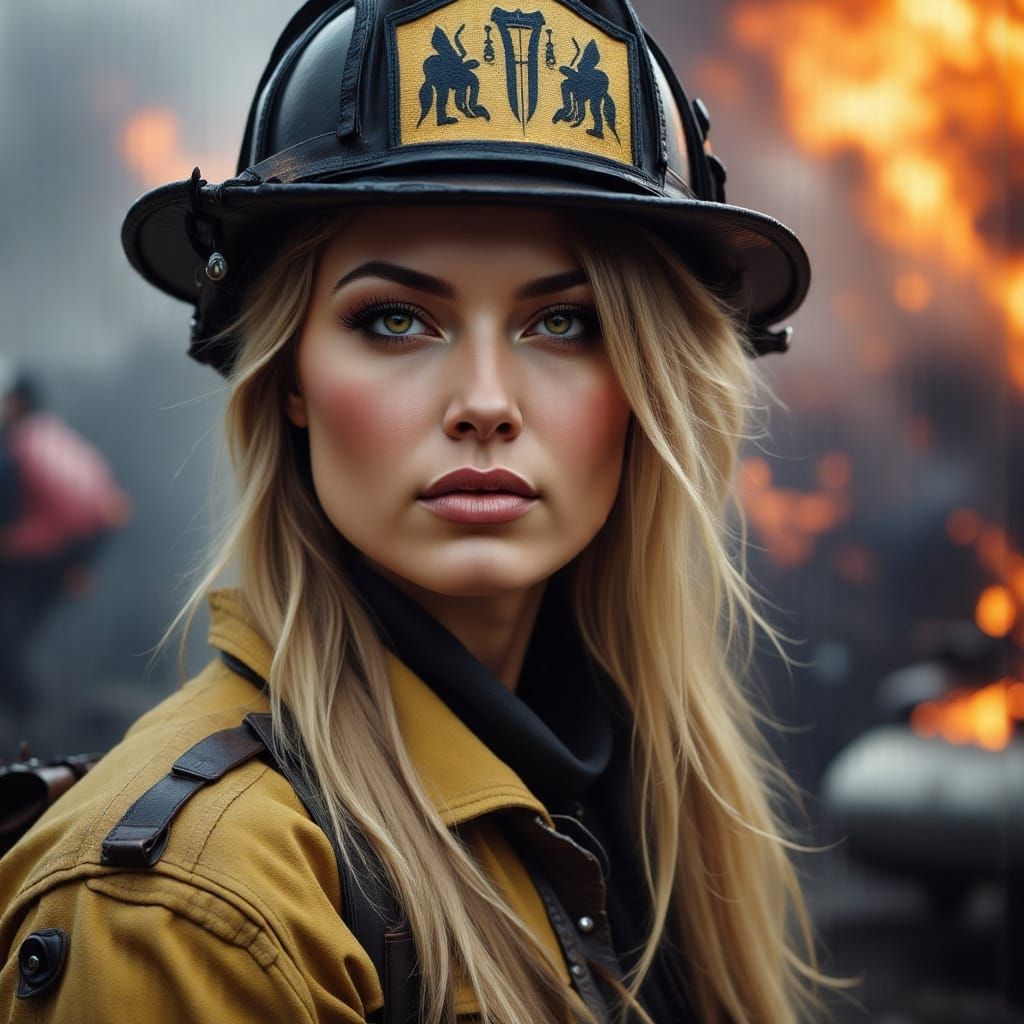 Female Firefighter in Uniform, Dynamic Action Pose