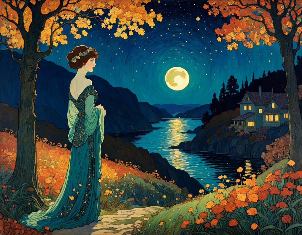 Golden Autumn Dawn in Art Nouveau Style