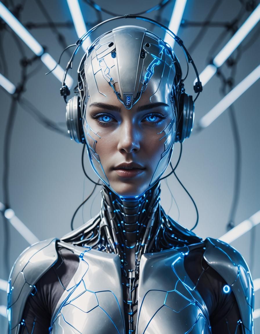 Female Gynoid with Glowing Blue Power Lines