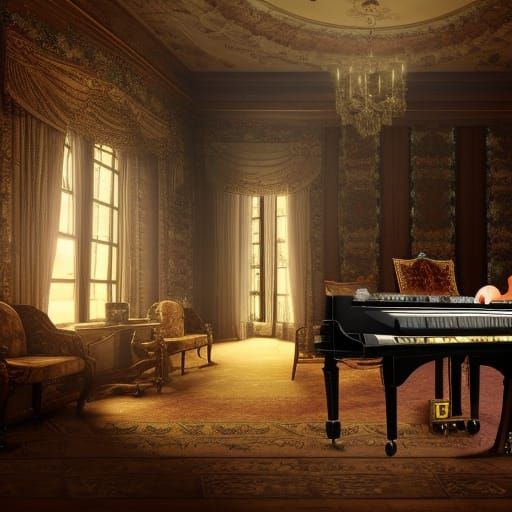 Ghostly Pianist in Haunted Mansion: Digital Art