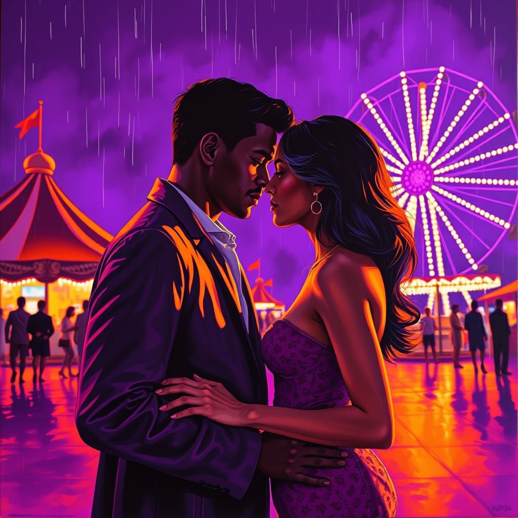 Fairground attraction on a rainy night