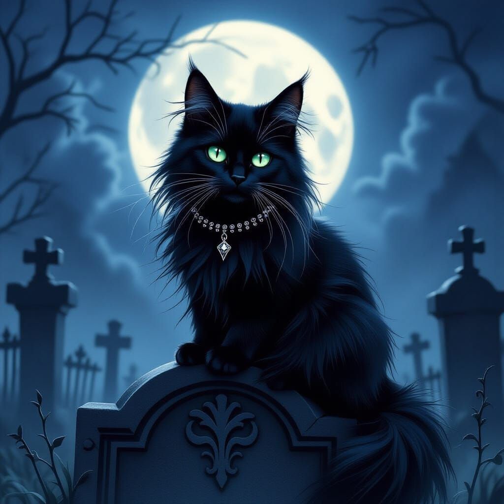Gothic Black Cat on Tombstone in Moonlit Graveyard