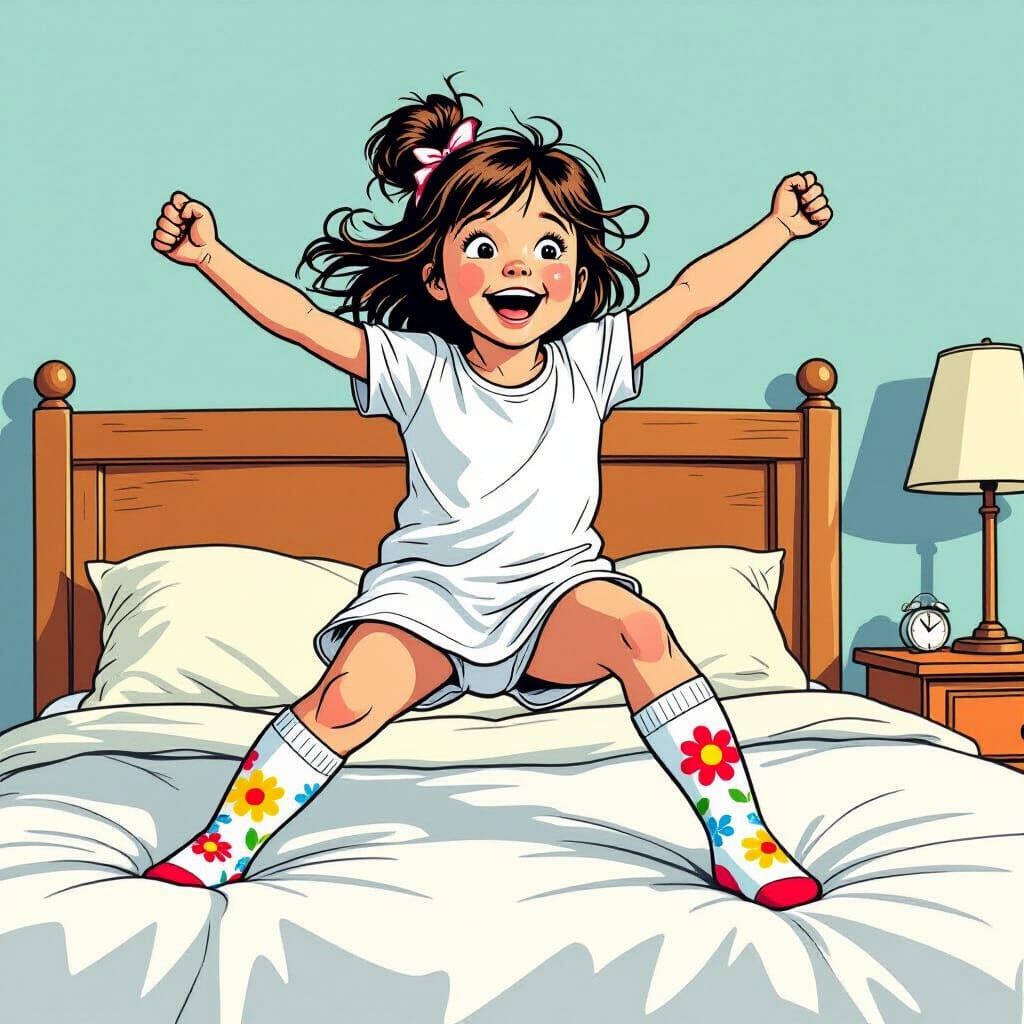 Girl in Nightgown Jumps on Bed in Comic Art Style