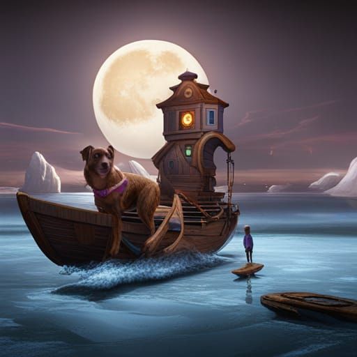 Boy, Dog and Boat under Moonlight: Fantasy Art