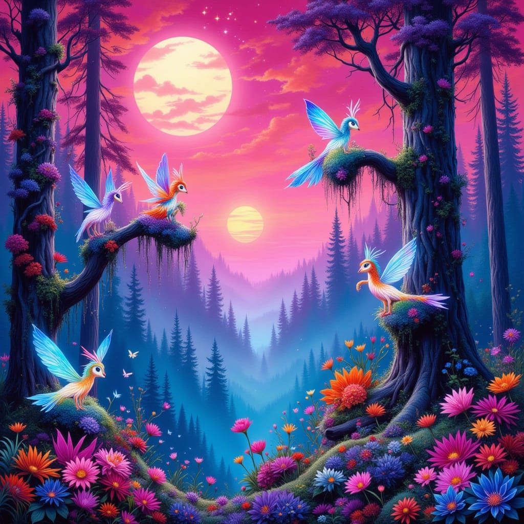 Magical Forest Sprites in Psychedelic 70s Art Nouveau Style