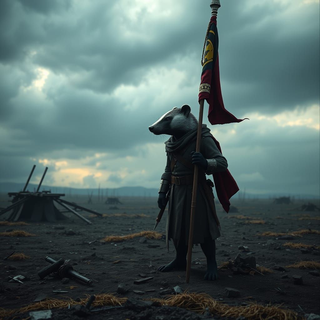 Stoic Badger Soldier in Dark Fantasy Battlefield