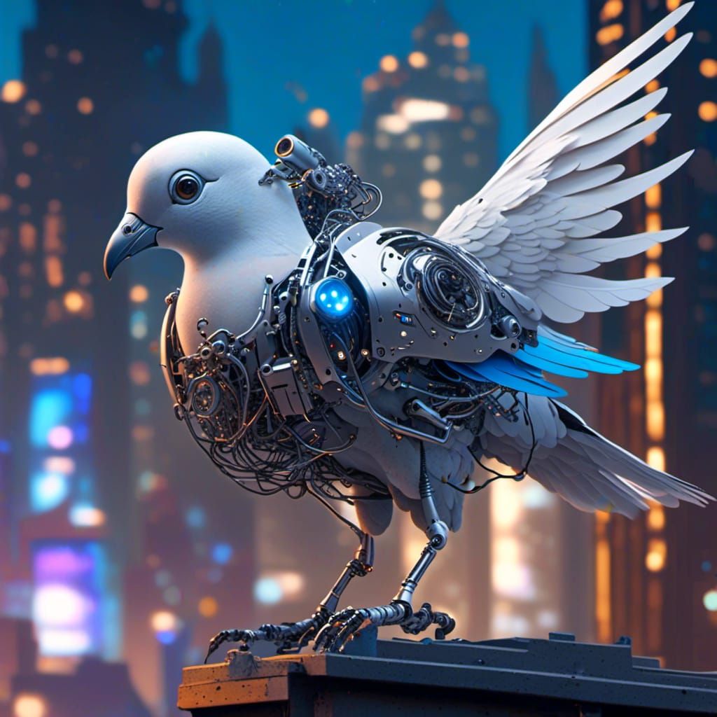 Fantastical Cyborg Pigeon on Futuristic Rooftop
