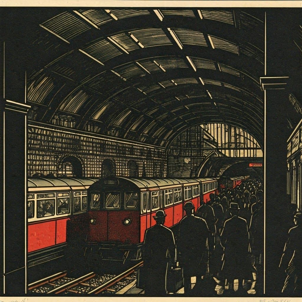 Black and white woodcut, a London Underground station