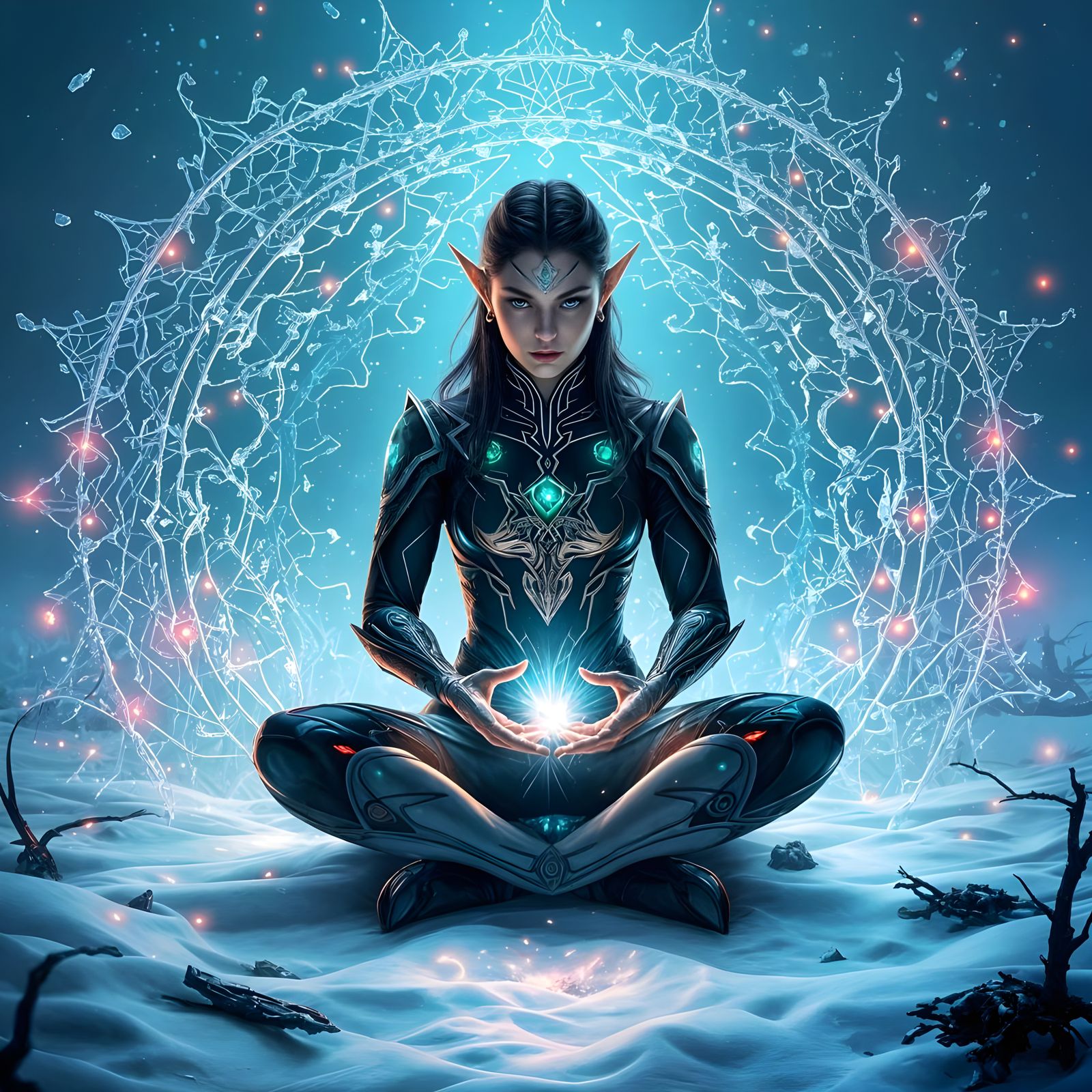 Elven Woman Weaves Magic in Emerald Wilderness