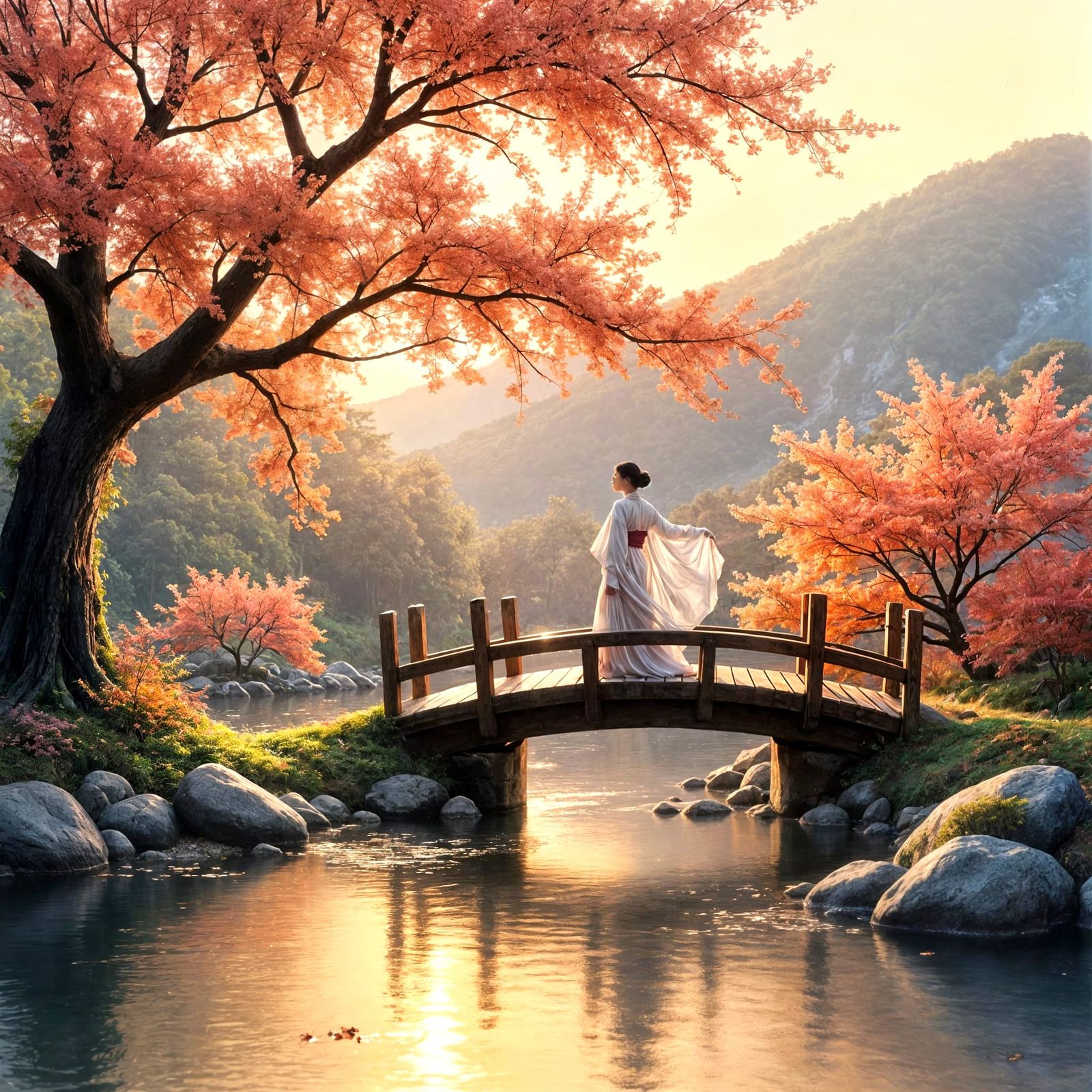 Japanese Garden Sunset: Watercolor Painting of Longing