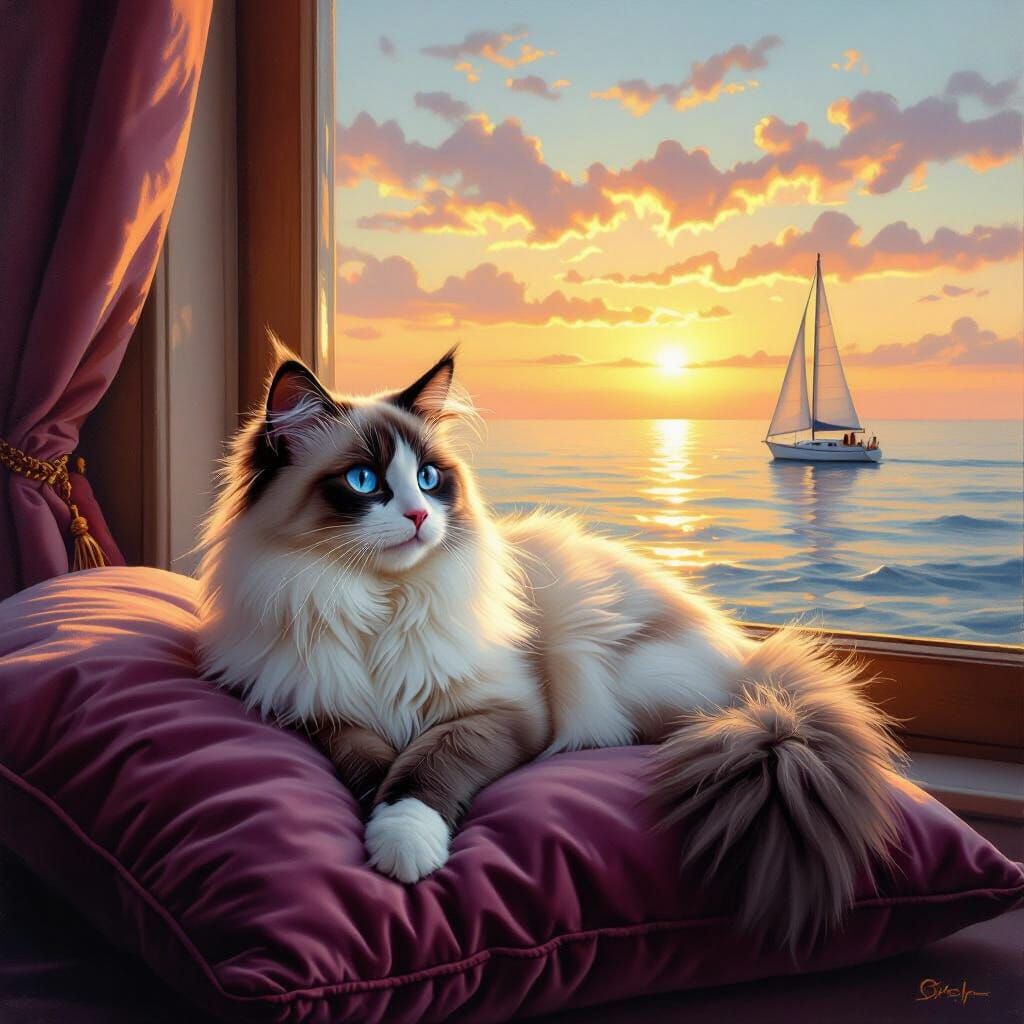Ragdoll Cat by Window at Sunset Oil Painting