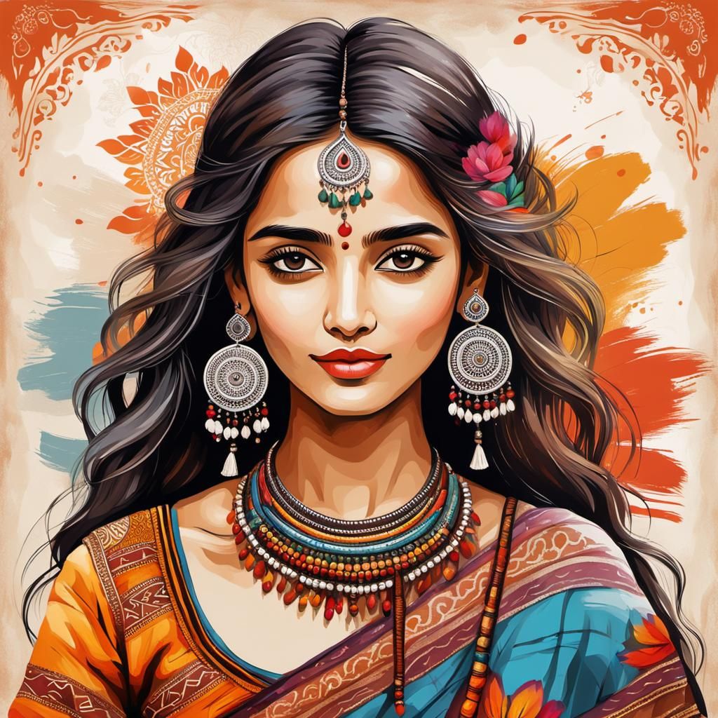 Bohemian Woman in Traditional Sikh Art Style