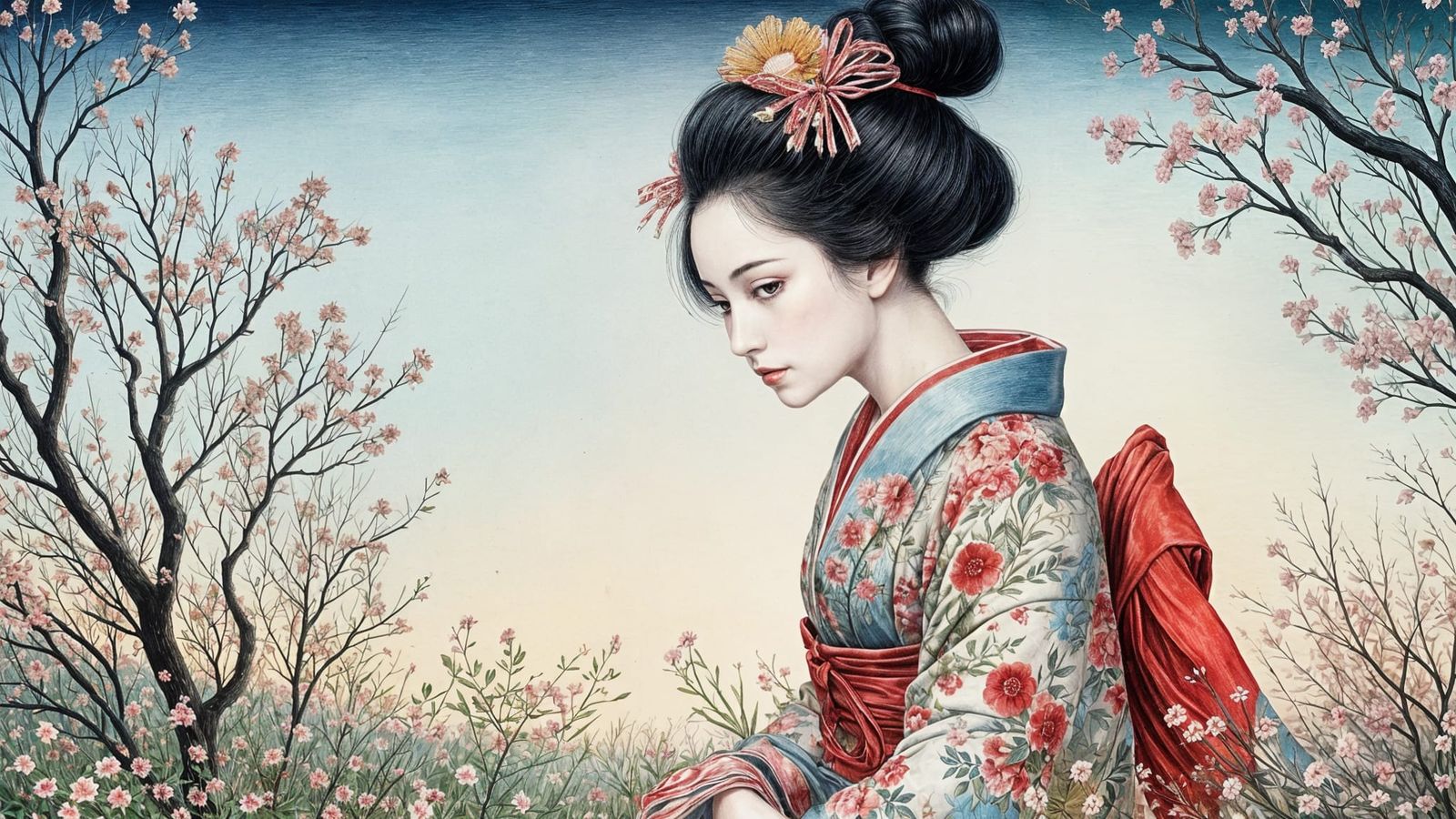 Japanese Ukiyo-e Woodblock Print of Elegant Geisha