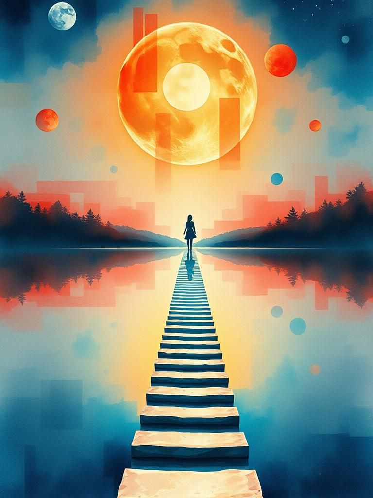 Ethereal Staircase to the Moon: Watercolor Painting