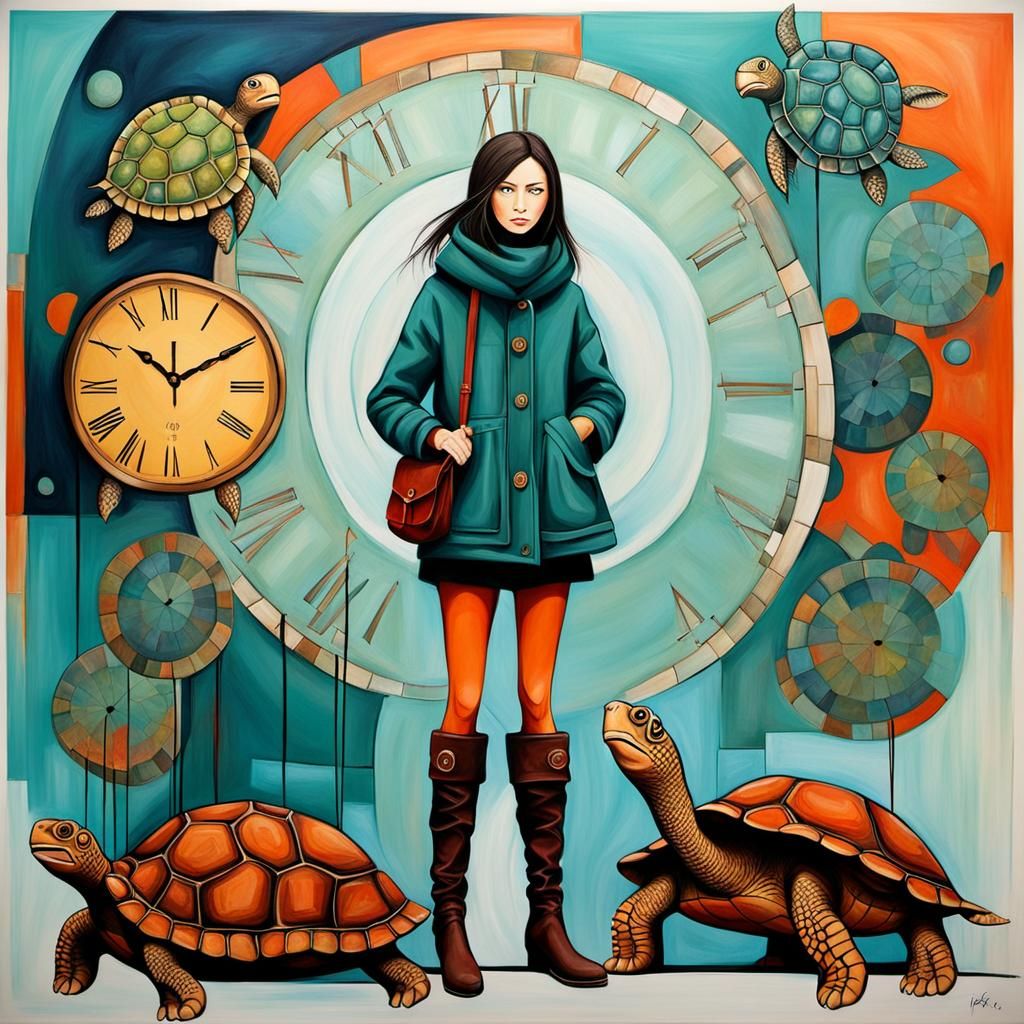 Abstract Girl with Clock and Turtle in Fine Detail