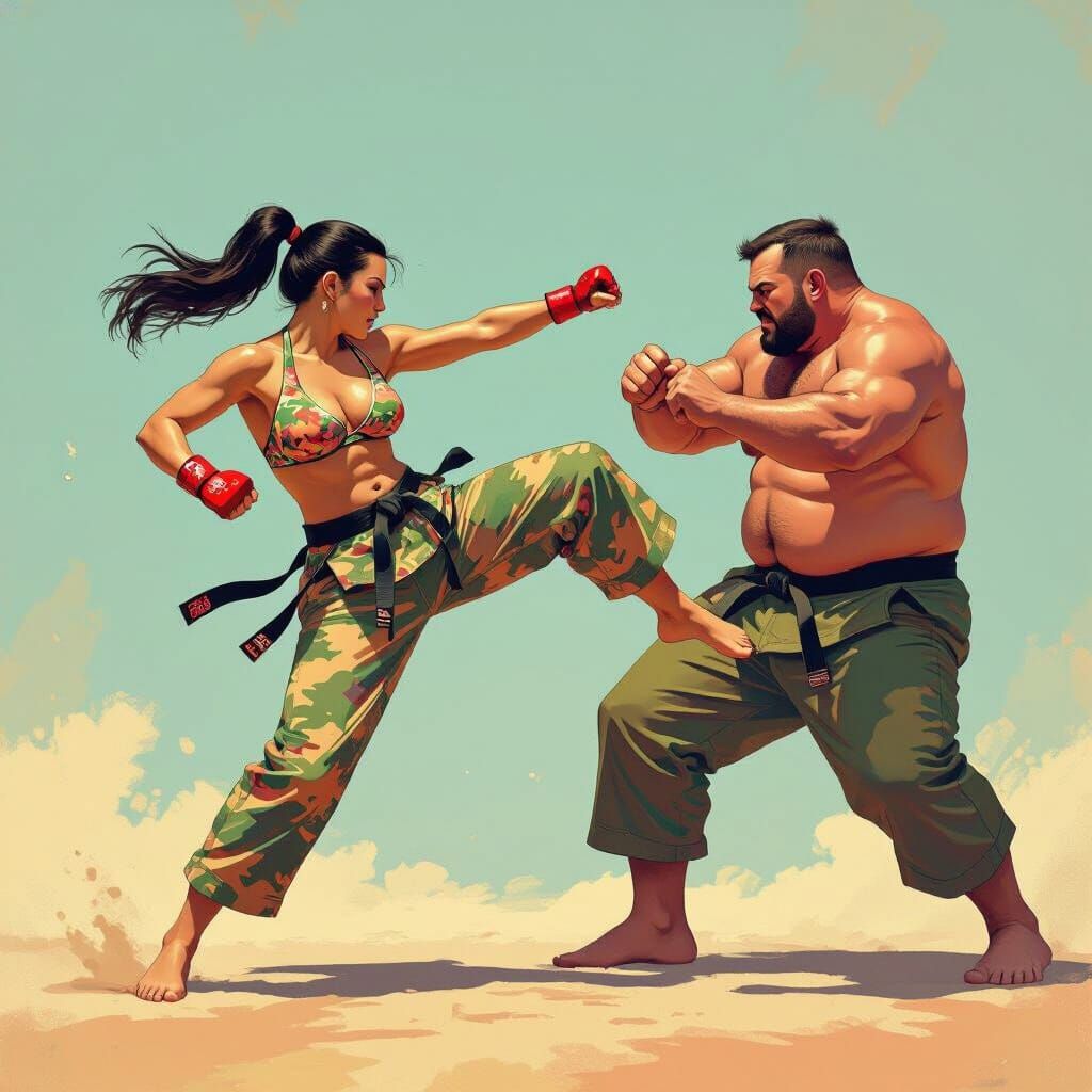 Dynamic Karate Fight Scene in Sci-Fi Art Style