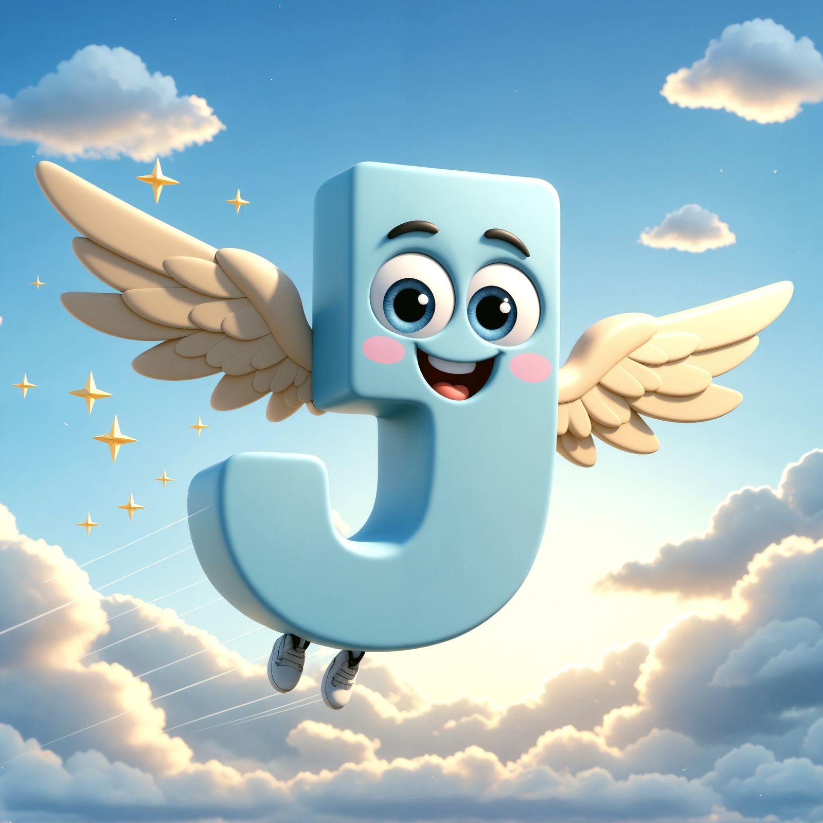 Cartoon Letter J Flies in Sunny Sky