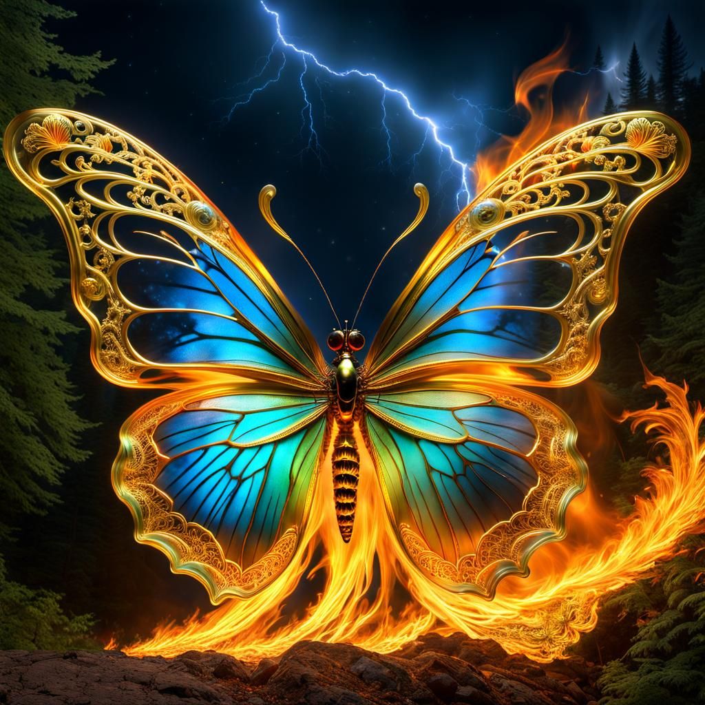 Butterfly Emerges from Fire Cascade: Magical Artwork