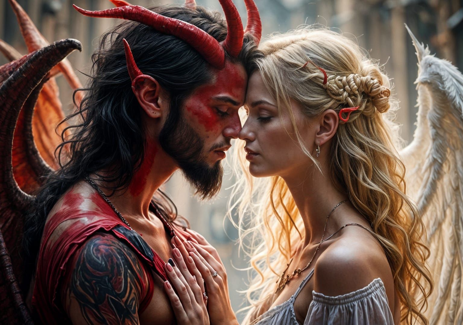 Demon and Angel Embrace in Love