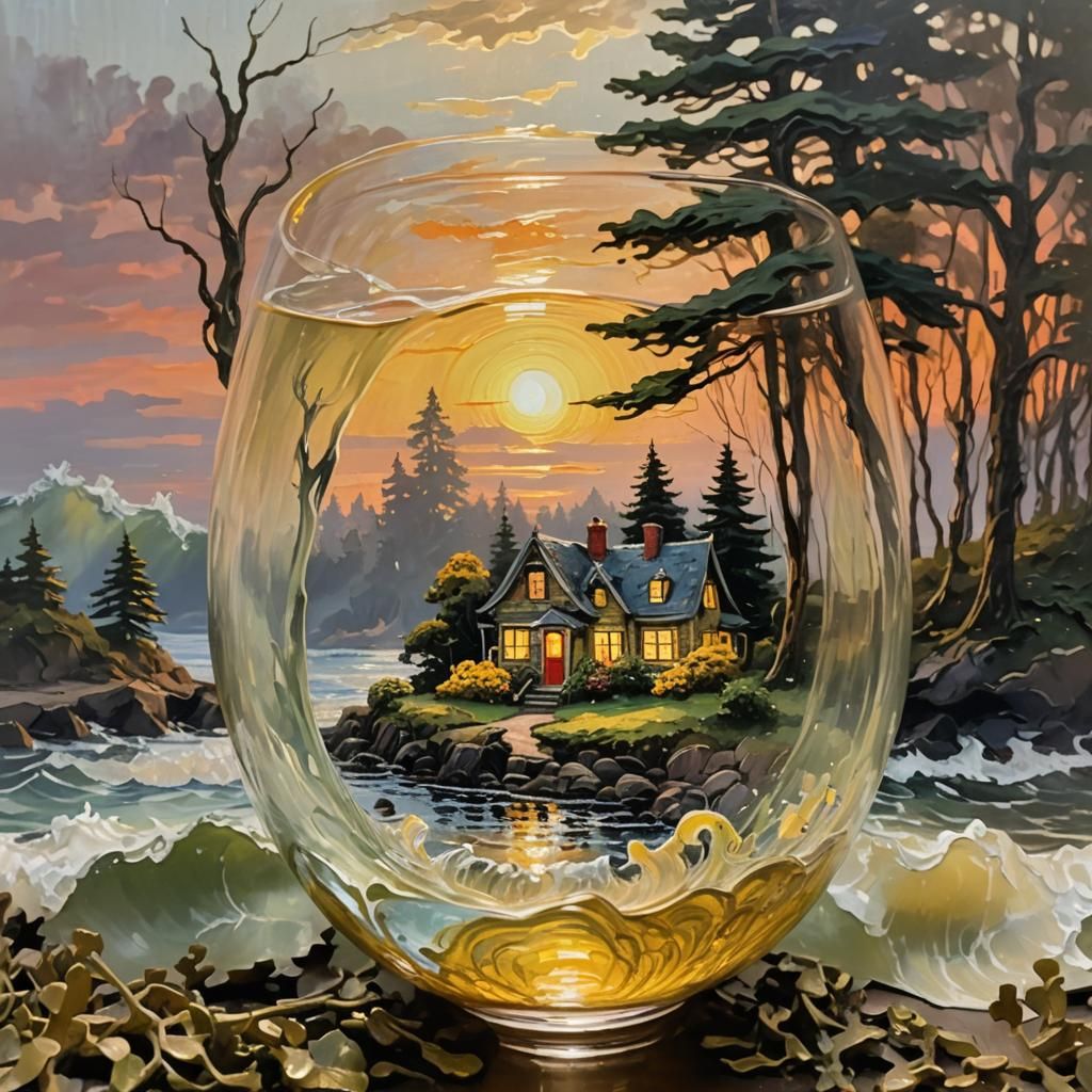 Miniature Landscape in Glass Vase, Impressionist Style