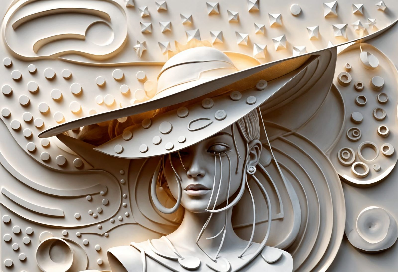 Stylized Female Bust with Hat, Abstract Bas-Relief