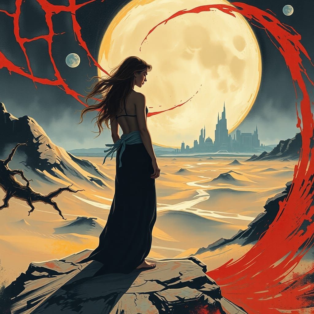 Surreal Woman Gazing at Dystopian Landscape as Impasto Paint...