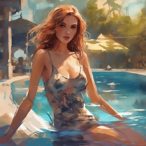Hazel-Haired Girl in Pool, Splash Art Portrait