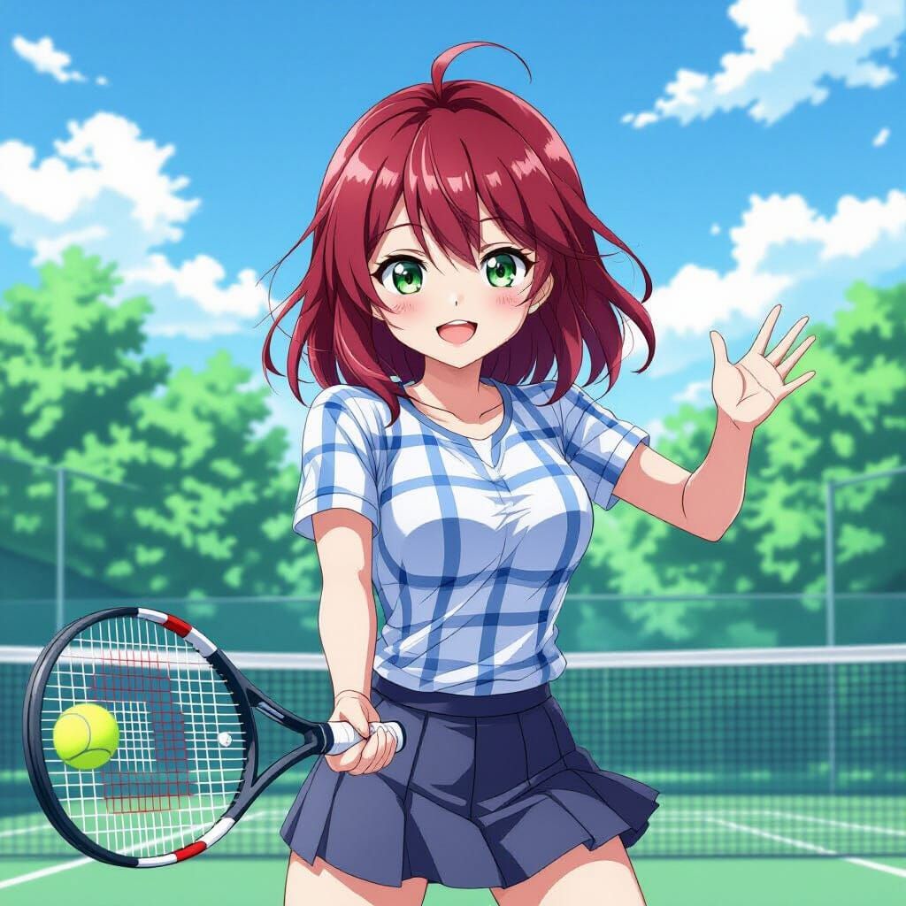 Anime Woman Playing Tennis in Cel-Shaded Style