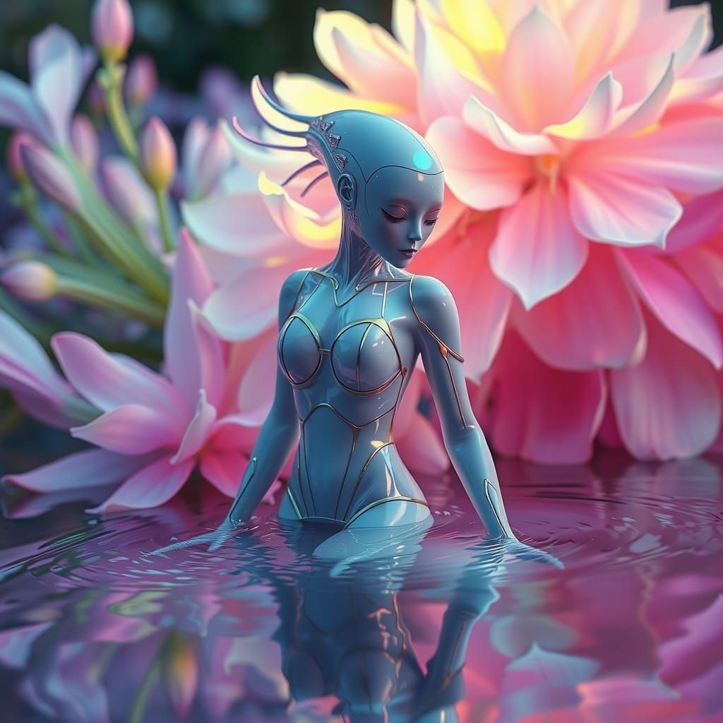 Ethereal Dystopian Creature in Iridescent Flora