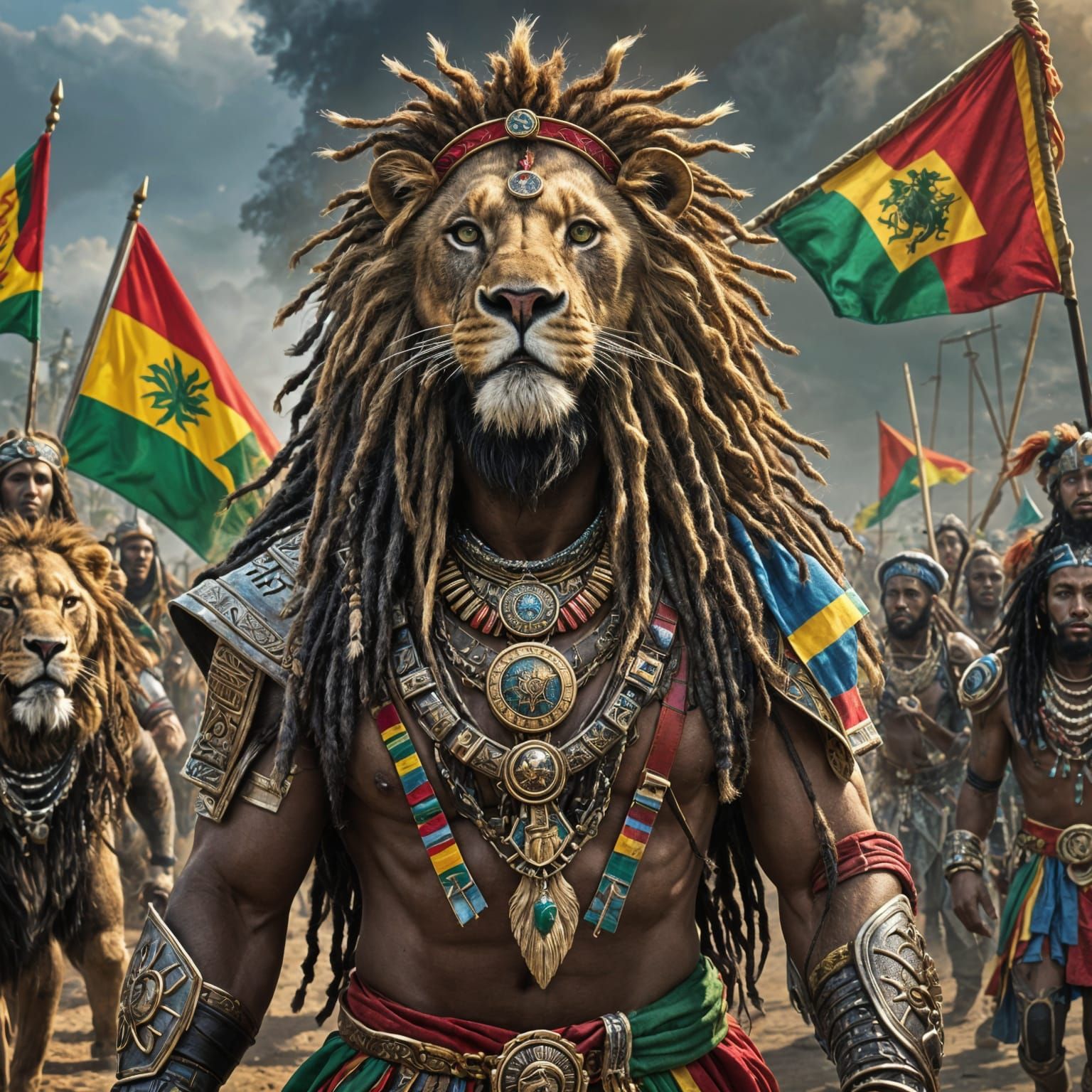 Hyperrealistic Portrait of a Rastafarian Lion Warrior in Vib...