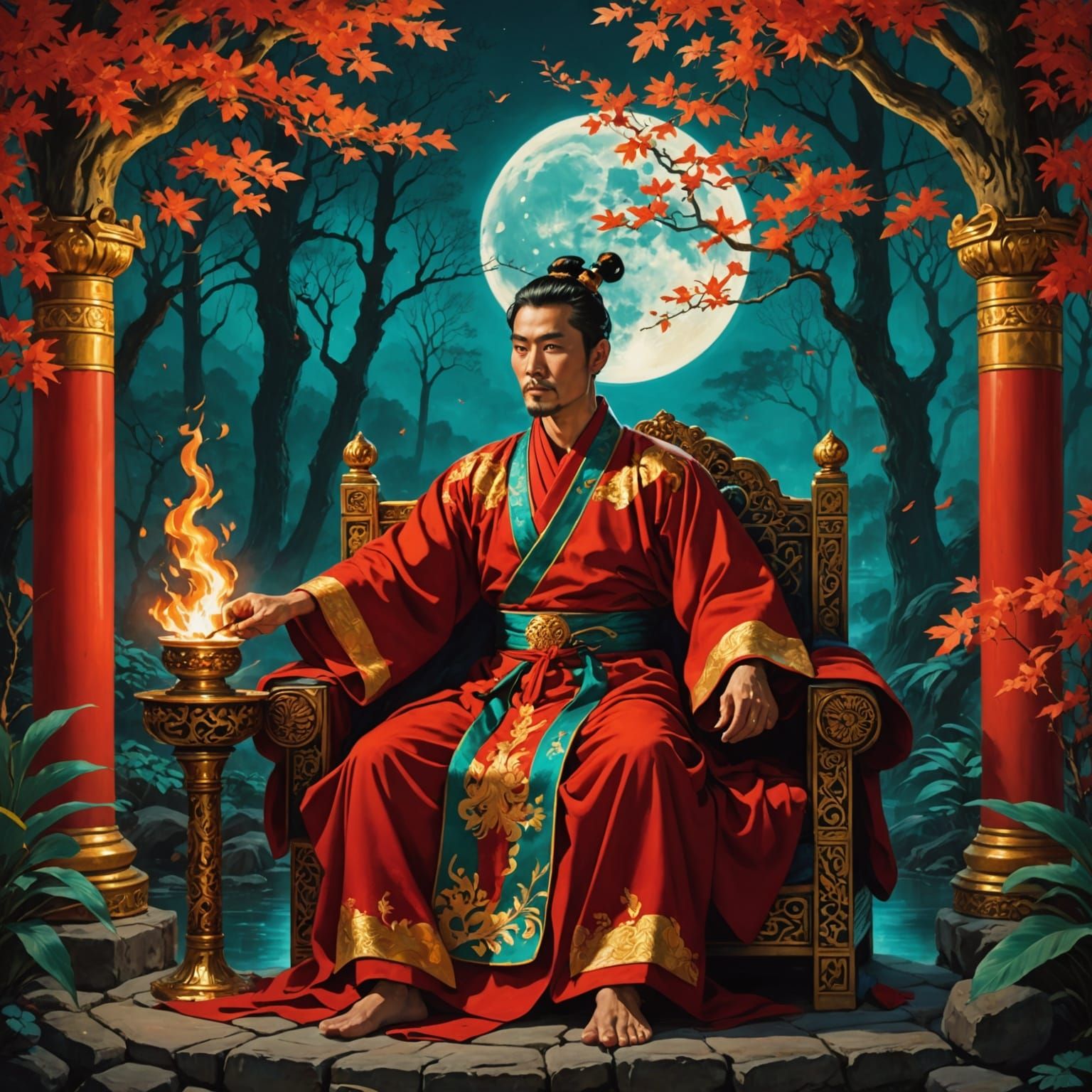Mystical Night Forest Scene with Royal Figure in Asian Robes