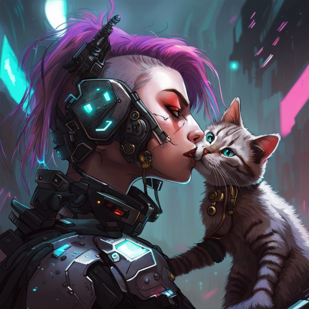 Cyberpunk Girl Kissing Cat Amidst Robot Battle